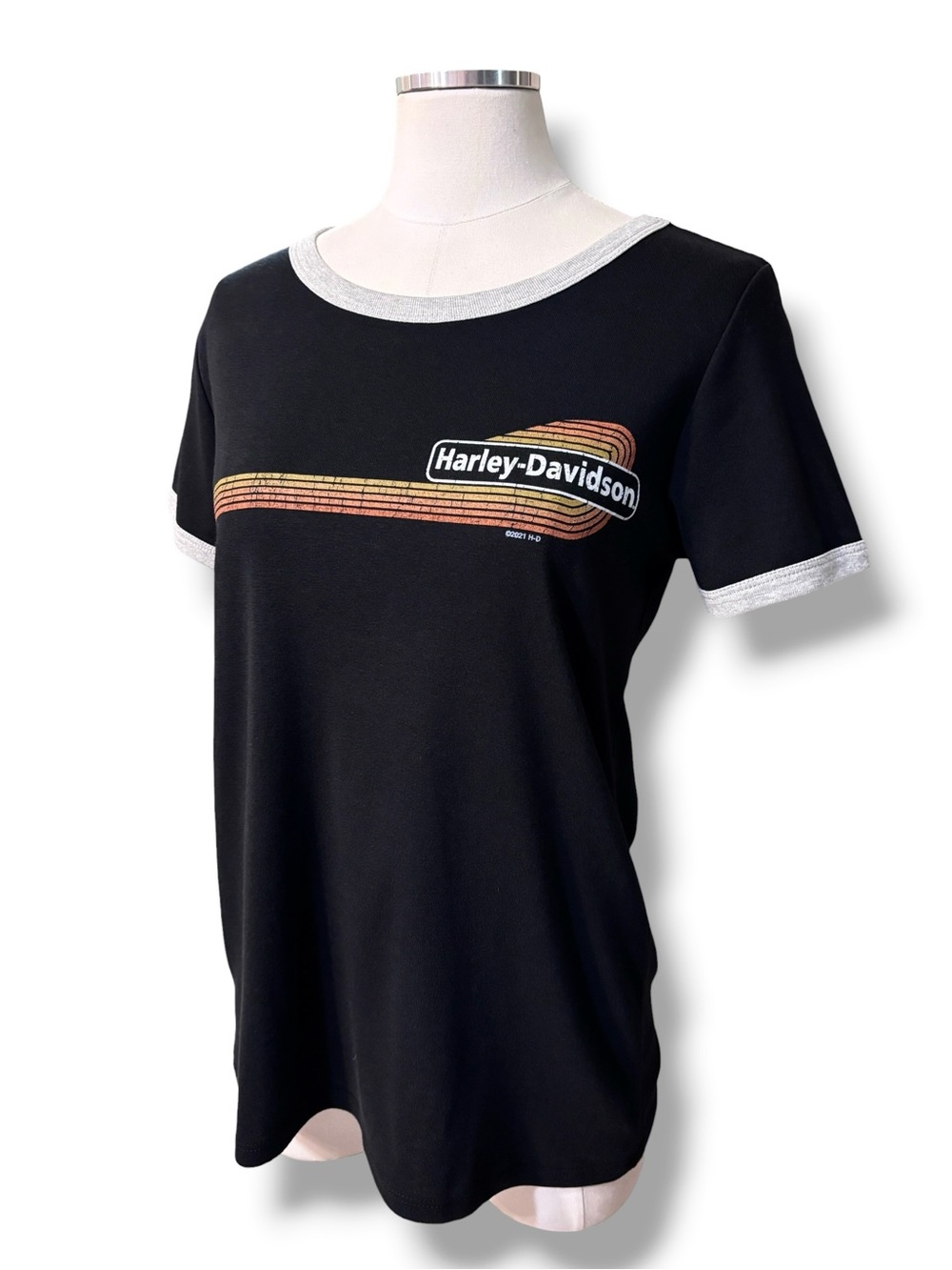 HARLEY-DAVIDSON Ringer Striped Dealers Tee Size Medium Black/Grey